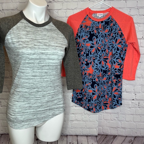 2 LuLaRoe XS Randy Raglan T Tops - Vibrant Salmon Pink Orange and Classic Gray - Picture 1 of 7